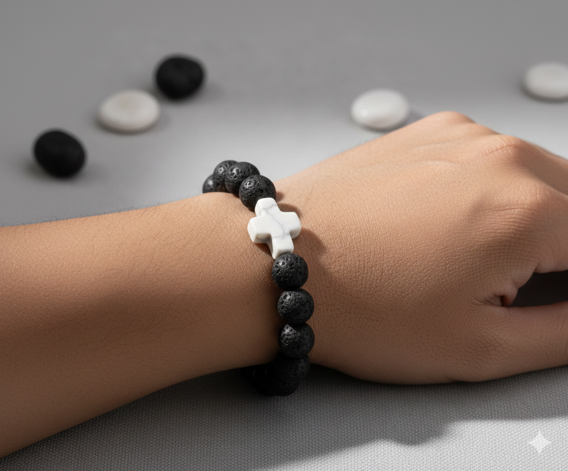 Faith & Fire: Lava Stone Cross Bracelet (White Cross)