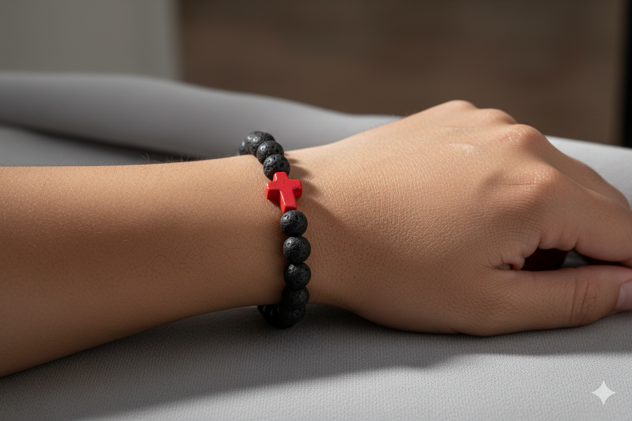 Faith & Fire: Lava Stone Cross Bracelet (Red Cross)
