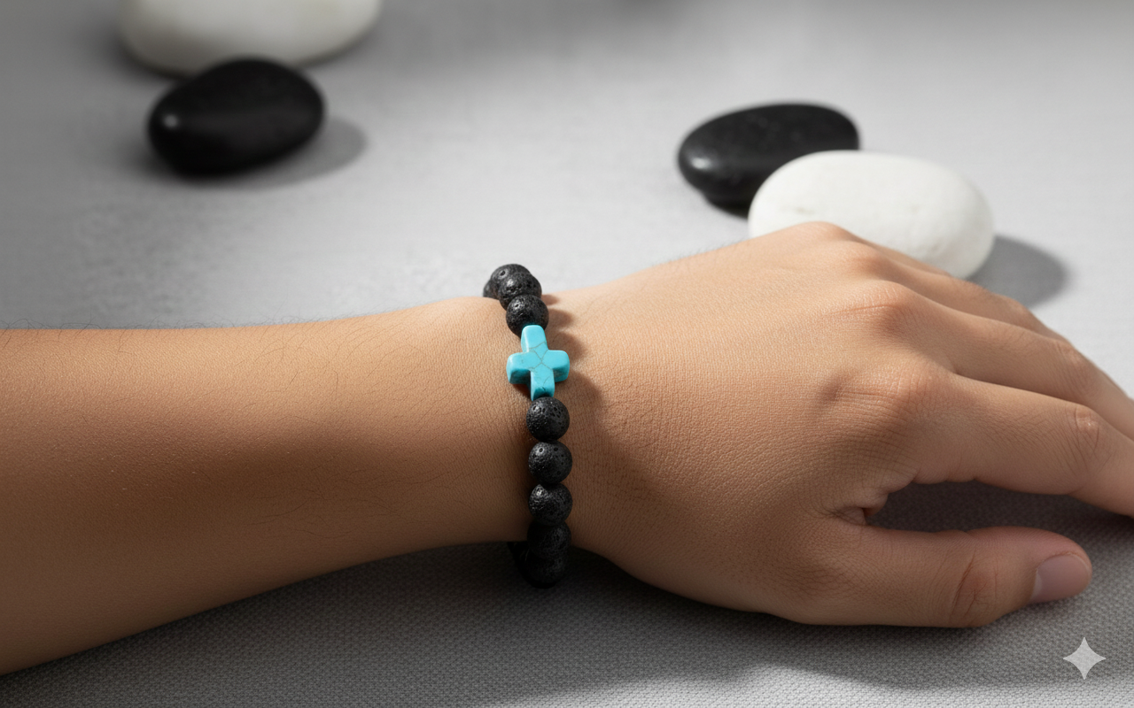 Faith & Fire: Lava Stone Cross Bracelet (Turquoise Cross)