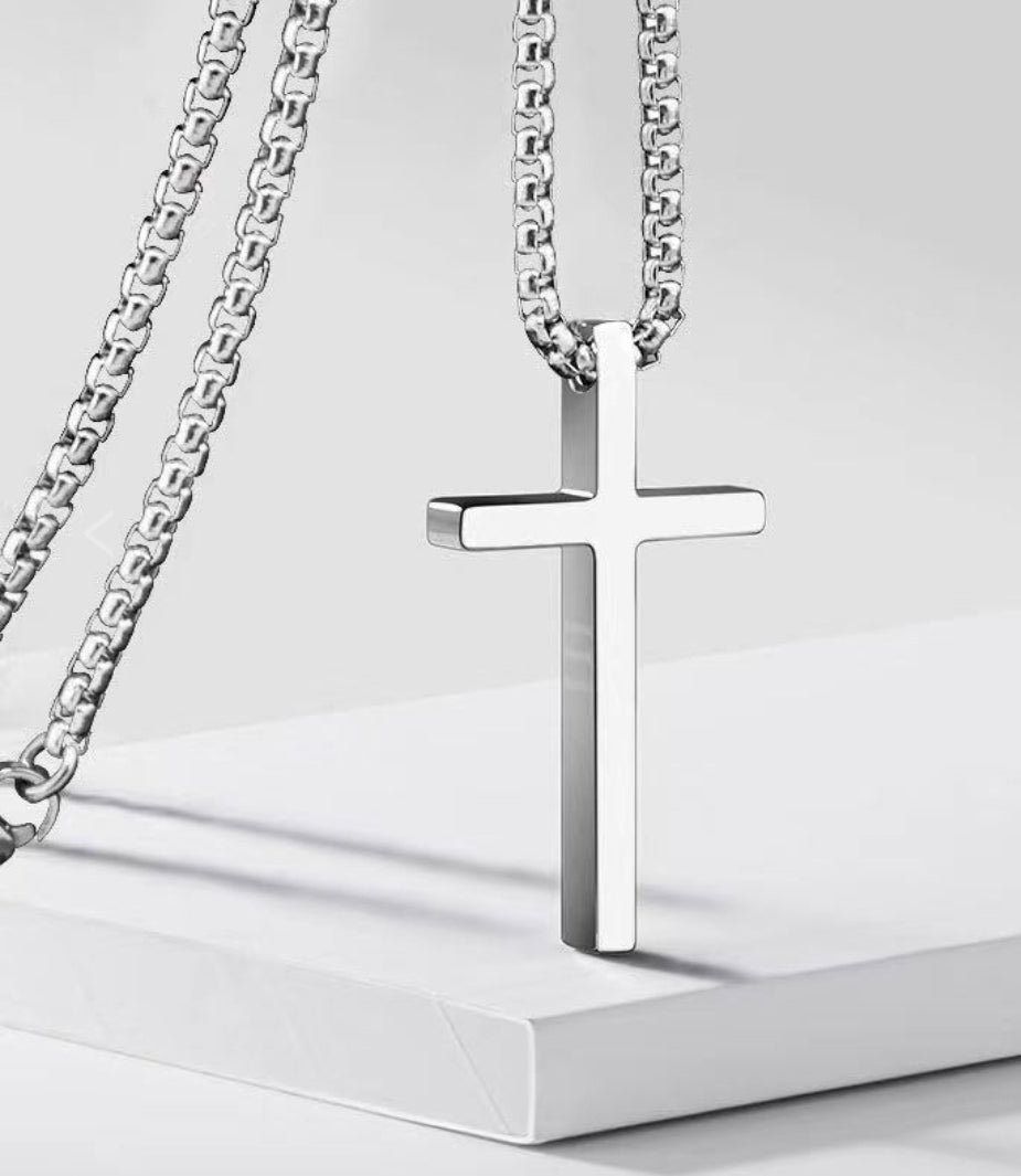 Men’s Silver-Tone Beveled Cross Necklace