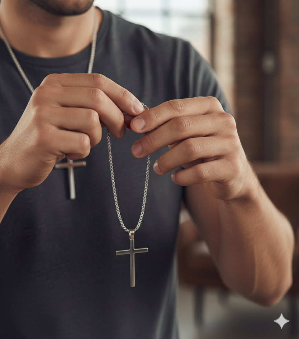 Men’s Silver-Tone Beveled Cross Necklace