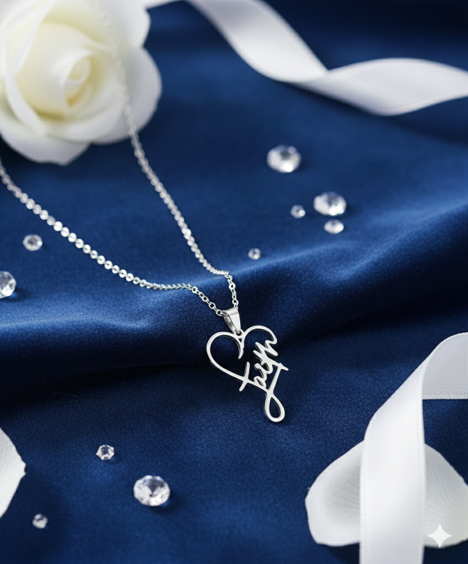 Elegant Silver-Tone "Faith" Script Heart Necklace