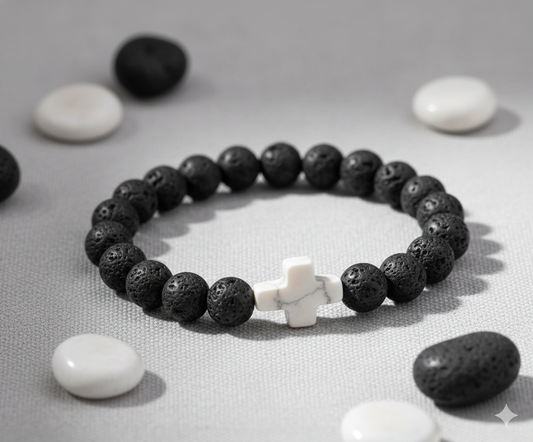 Faith & Fire: Lava Stone Cross Bracelet (White Cross)