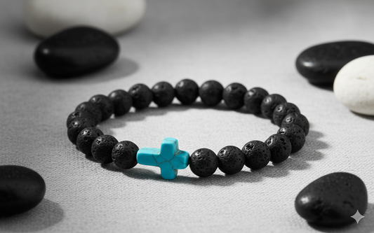 Faith & Fire: Lava Stone Cross Bracelet (Turquoise Cross)
